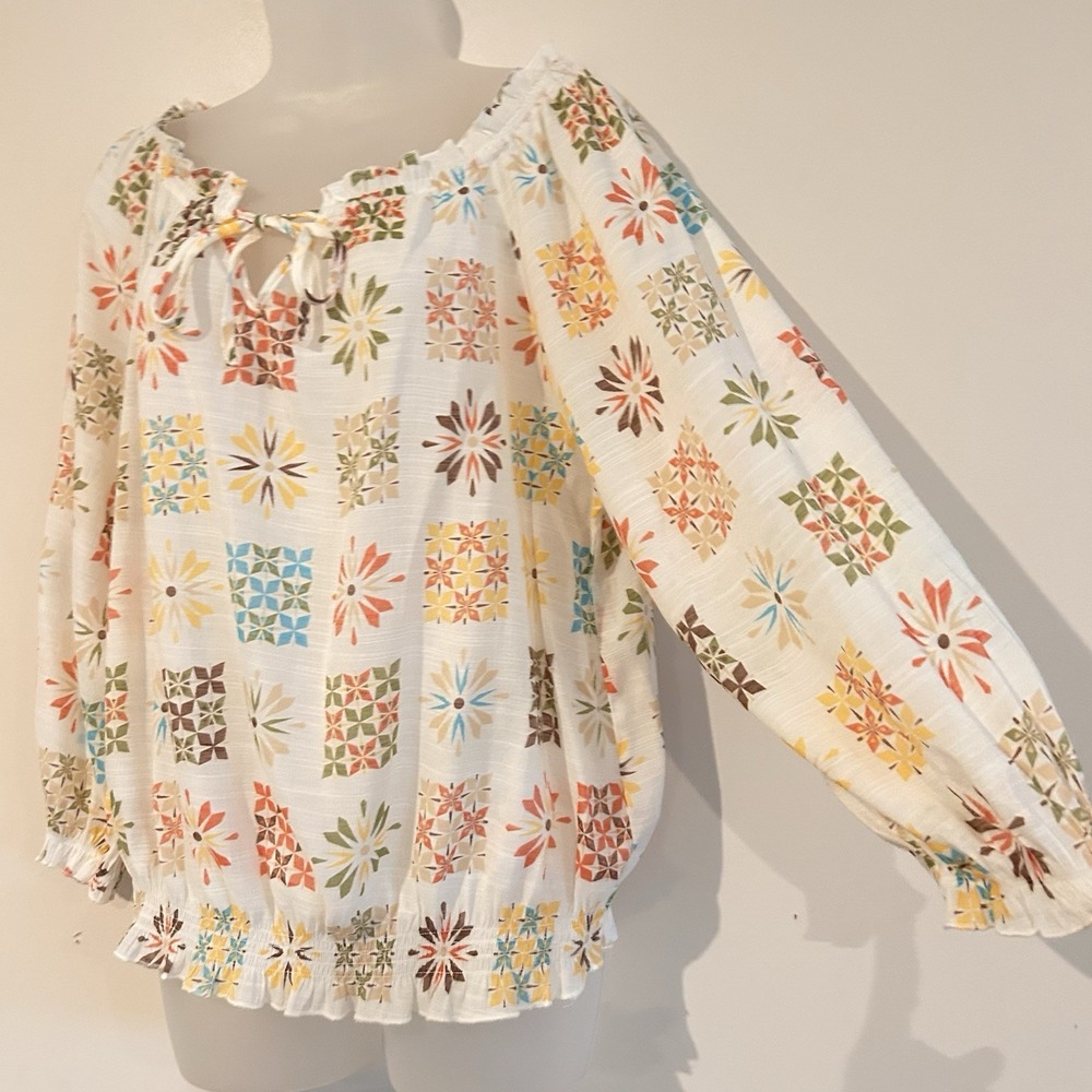 Floral Blouse Sz L Cottagecore Sheer Lightweight Boho 3/4 Balloon Sleeve Ruffle - Picture 3 of 14